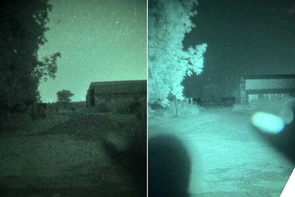 Streamlight VIR Pro IR high illuminating barn at 65 yards and distant tree at 255 yards through night vision