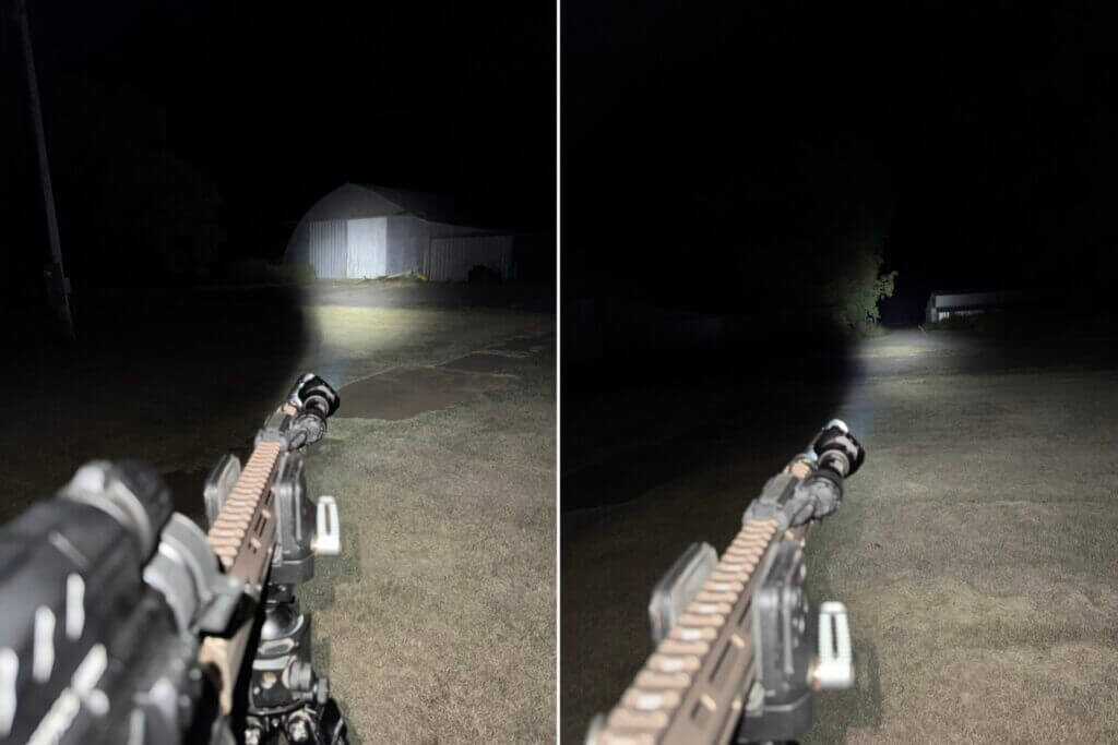 Streamlight VIR Pro white light test showing scope shadow with barns at 40 and 85 yards