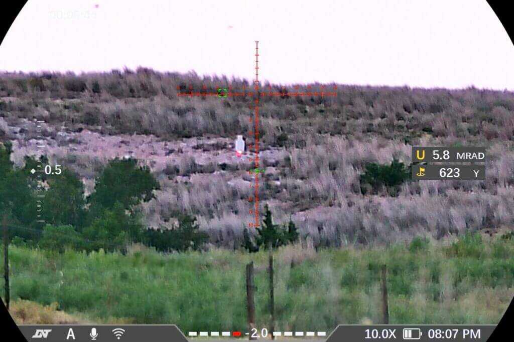 623-yard steel target hit using the DNT TNC635R onboard ballistic solution