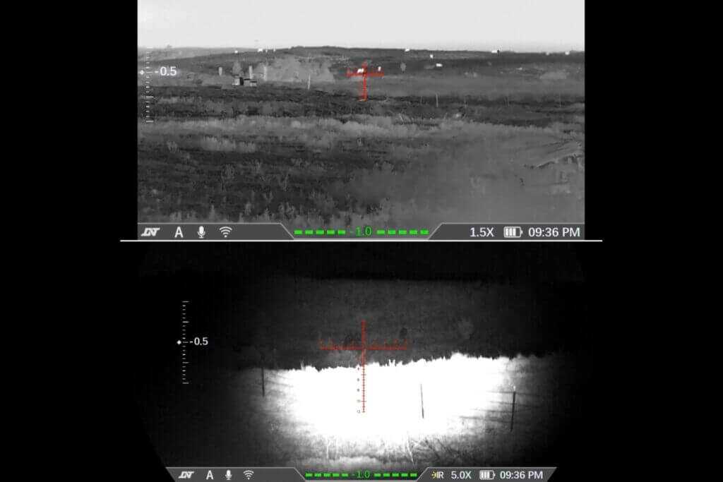 Thermal and digital night vision comparison through DNT TNC635R at cattle about 600 yards away