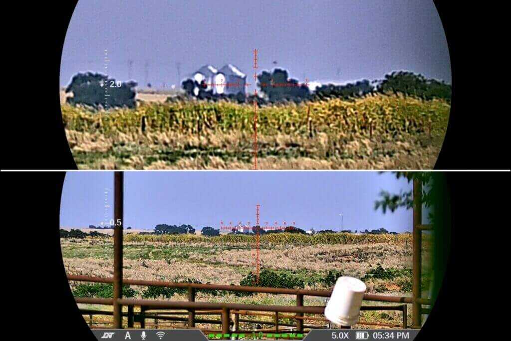 DNT TNC635R digital view of grain bins around 4 miles away at 20x and 5x magnification