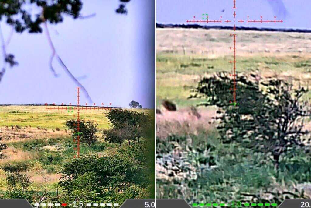 DNT TNC635R ballistic display showing 6.1 MRAD hold at 650 yards before and after zooming