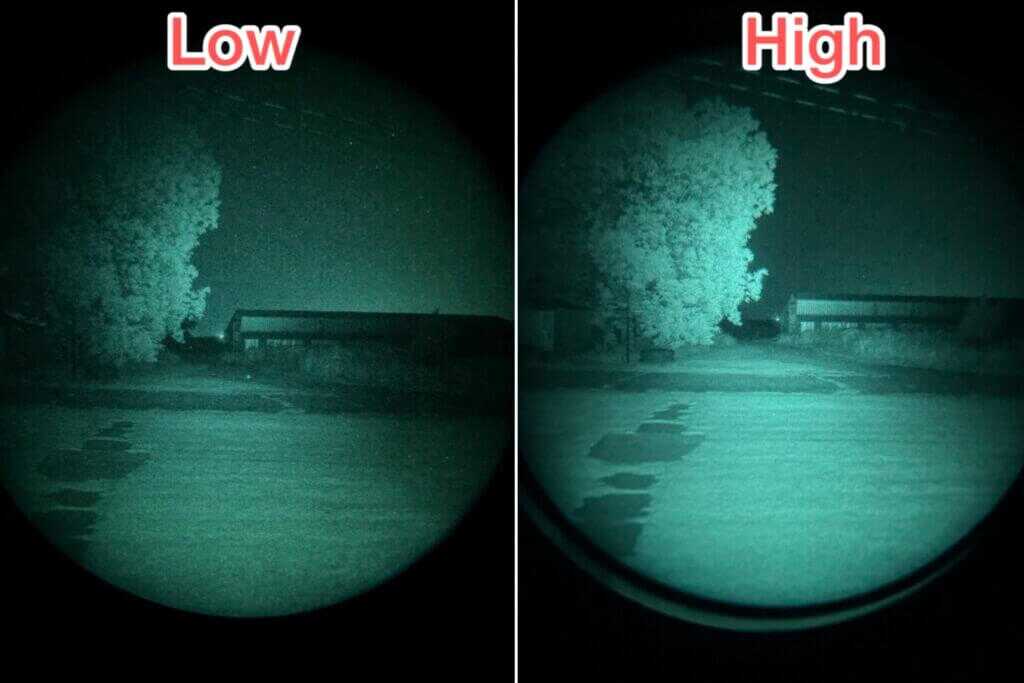 Streamlight VIR Pro 600 mW low and 2,300 mW high IR illumination comparison on barn at 90 yards