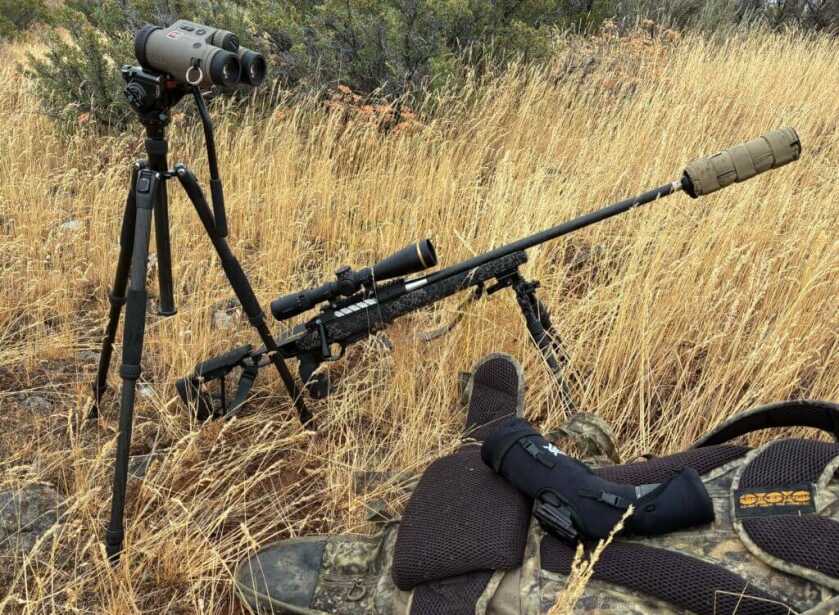 Seekins Element Hunter 7 PRC backpack hunting setup with Tricer RP bipod and Vortex Razor HD spotting scope