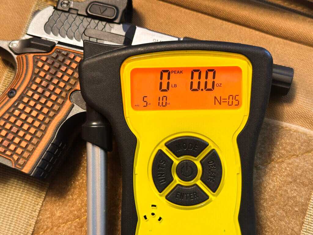 Kimber CDS9 trigger pull measured at 5 lbs. 1 oz. on digital trigger gauge