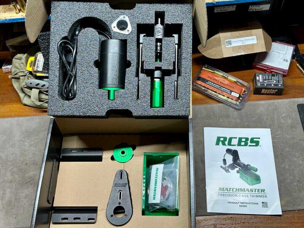 RCBS MatchMaster Precision Case Trimmer components packed inside the factory box