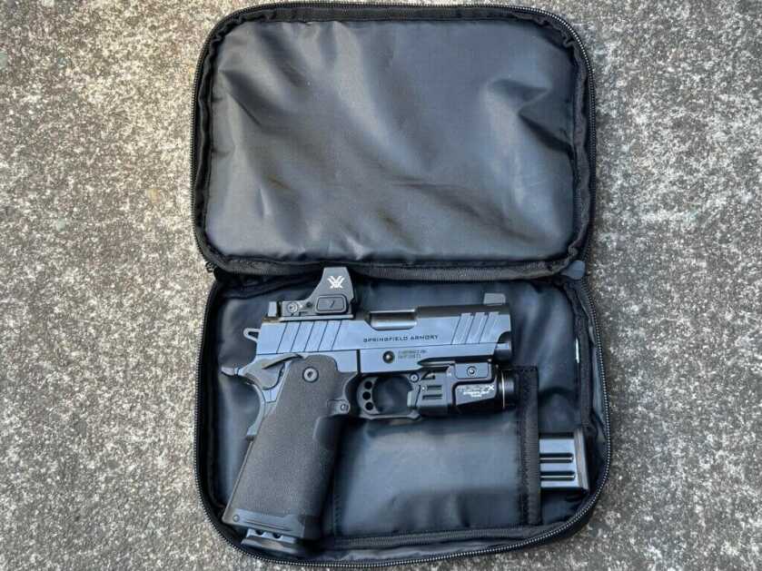 Springfield Prodigy 3.5 AOS inside included soft handgun case with two 18-round Mec-Gar magazines