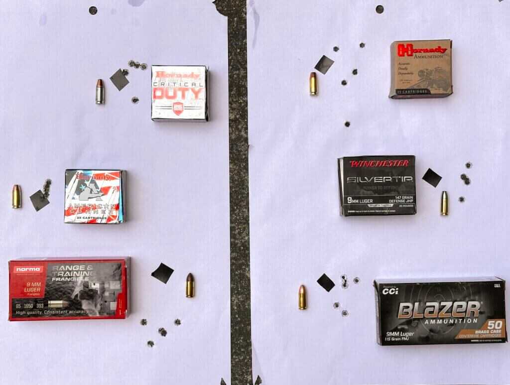 Springfield Prodigy 3.5 AOS 15-yard accuracy target showing six 9mm ammunition groups