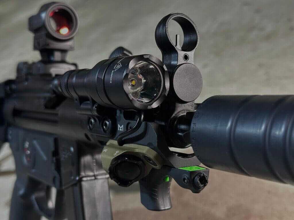 PTR 9KT MP5K Midwest Industries M-LOK handguard with SureFire light, Unity Hot Button, and Viridian laser