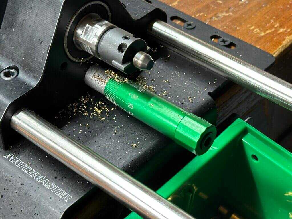 RCBS MatchMaster Precision Case Trimmer cutter head and micrometer stop showing precision components