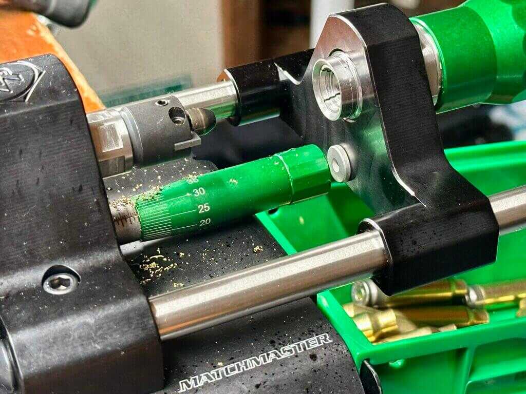 RCBS MatchMaster Precision Case Trimmer micrometer stop and multi-size case collet closeup