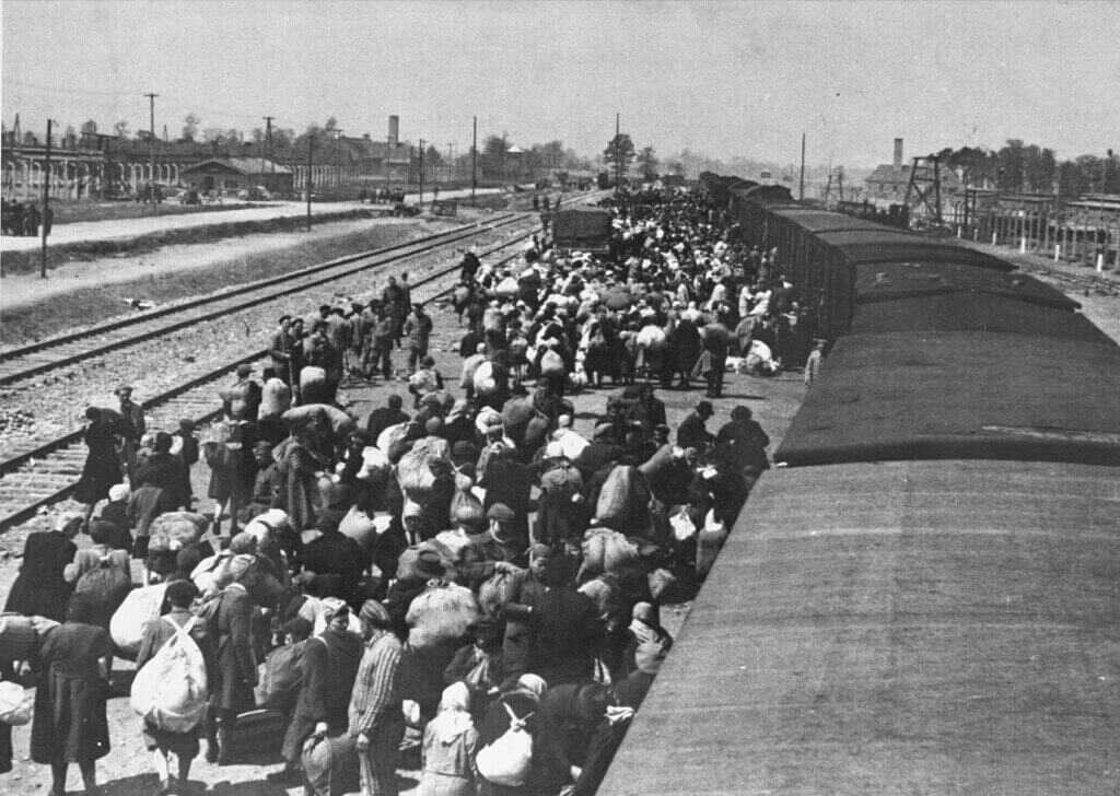 Jewish prisoners arriving at Auschwitz-Birkenau during the Holocaust in 1944