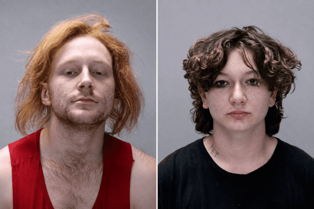Side-by-side booking photos of burglary suspects Alexandria Mosher and Dominick Wood, who were arrested after an armed homeowner confronted them during a break-in in Ontario County, New York.