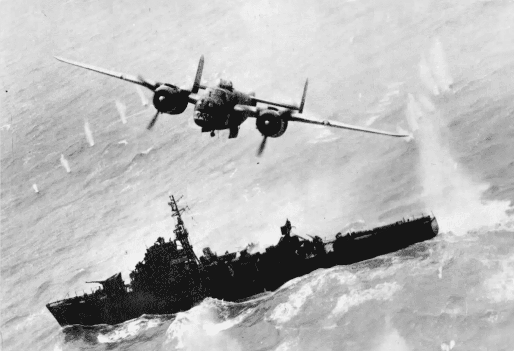 B25 Mitchell gunships attacking Japanese shipping like the aircraft Russell Johnson crewed during WWII