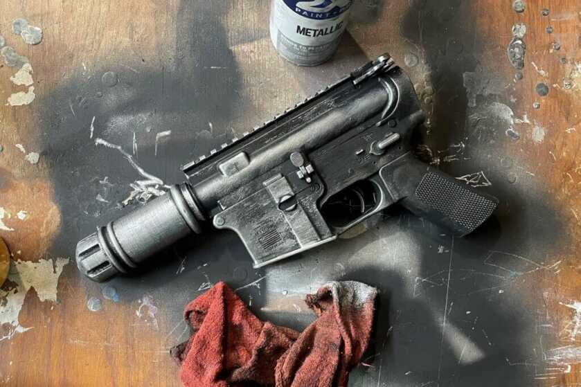 Completed battle-worn A280-CFE Blaster with Rogue One inspired paint finish