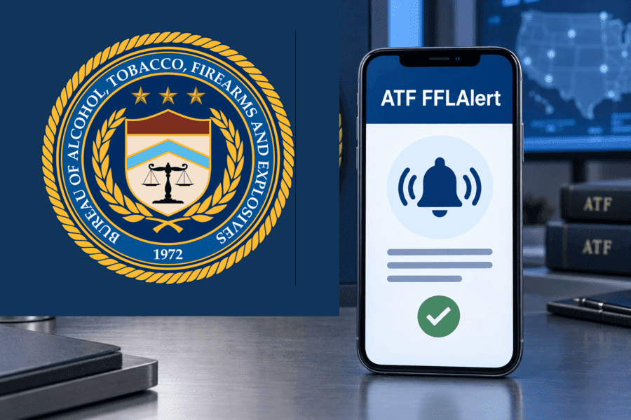 ATF seal beside a smartphone displaying an ATF FFLAlert notification.