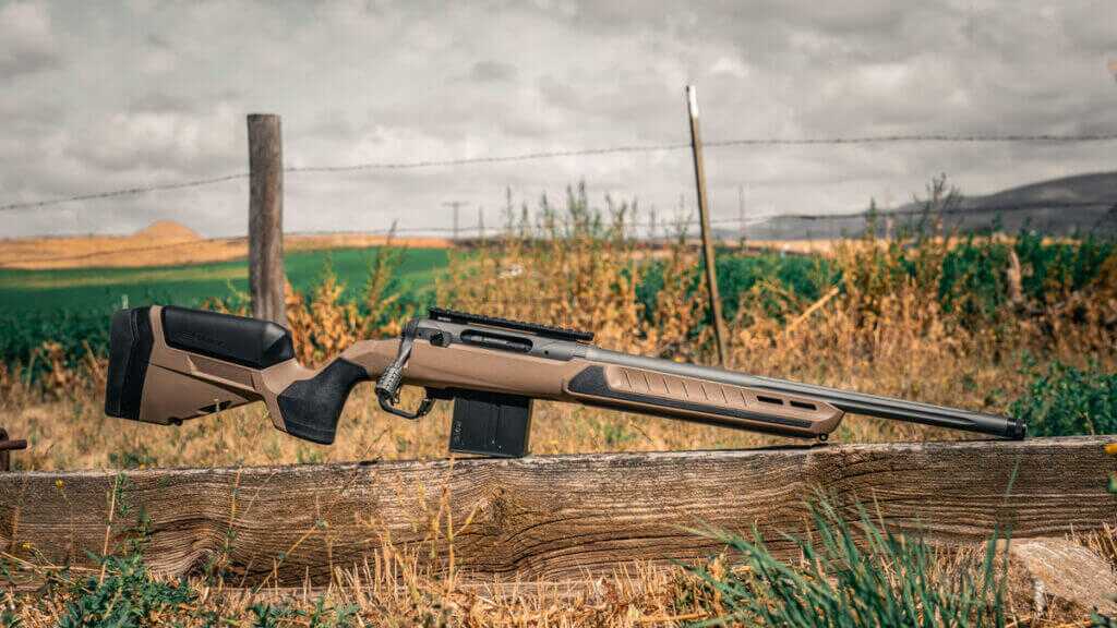 Savage 110 Core Tactical barreled action in Platinum Cerakote with tan-and-black AccuFit V2 stock