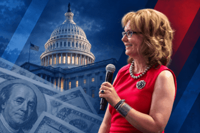 Editorial collage of Gabby Giffords, the U.S. Capitol and currency imagery representing election spending.