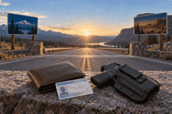 Holstered handgun and carry permit beside a highway crossing a state line.
