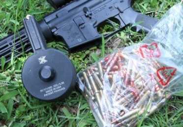 Our test gun was a STAG Arms AR-15, and the X-Products 50 round AR mag we have tested previously. This is surplus Romanian .223.  (it was actually way more than 200 rounds, because that triangle plate is so fun to shoot)