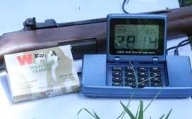The rifles really have similar ballistics. We chronographed the steel case .30-06 ammo in the 24" barrel of the Garand and it came up with 2814 average feet per second. That's 2550 foot pounds of energy. 