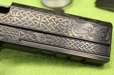 The Celtic designs end with the dragon's head (appropriately) at the fire breathing end. 