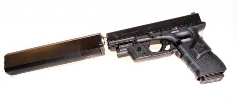 SilencerCo's Osprey Suppressor Is One Cool Bird A caliber smorgasboard: A 45 Osprey on a Glock 31 (.357 Sig) using a Lone Wolf .40 S&W threaded barrel.