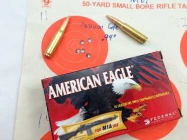 The MVP Patrol turned in pretty respectable accuracy with this broadly available American Eagle M1A ammo.