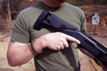 Compacted, the stock becomes ideal for those wearing armor.