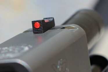 Why Settle for a Single Stack? .45 XD Mod 2 The front sight, a red fiber optic bead, glows brightly.