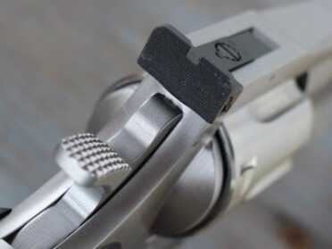 The rear sight is a flat black rectangle. The combination of the two sights is good for target accuracy, but isn't the fastest set-up.