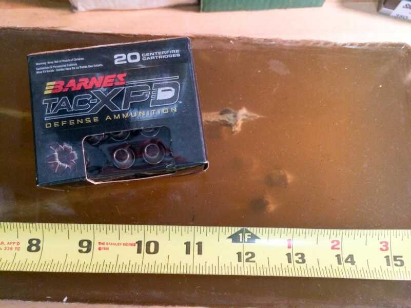 Ammo Test: Barnes TAC-XPD .40 S&W 140 grain Penetration was amazing consistent. All five projectiles ended up within 1.5 inches of each other.
