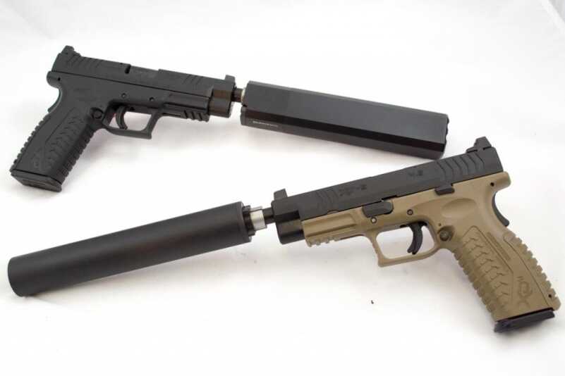 First Look: Springfield Armory XD(M) 9mm and 45 Threaded Barrel Models Silence anyone? The new Springfield Armory XD(M) Threaded 45 (top) and 9mm (bottom)