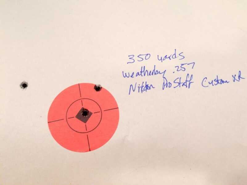 Long Range Made Easy with Nikon's ProStaff 5 Custom XR With this kind of luck I'm running out to by 1,000 Lotto tickets! Note the dead center hit on this 2-inch target from 350 yards. I'd say the elevation setting was calibrated properly!