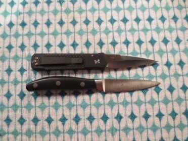 Pro-Tech Godson: Wow! Your Next Knife Purchase? Another comparison shot between the Godson (top) and the paring knife (bottom).