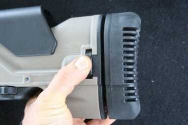 The length of pull is also adjustable with another positive click adjustment knob, and the recoil pad is substantial.  Note the Made in USA logo. 