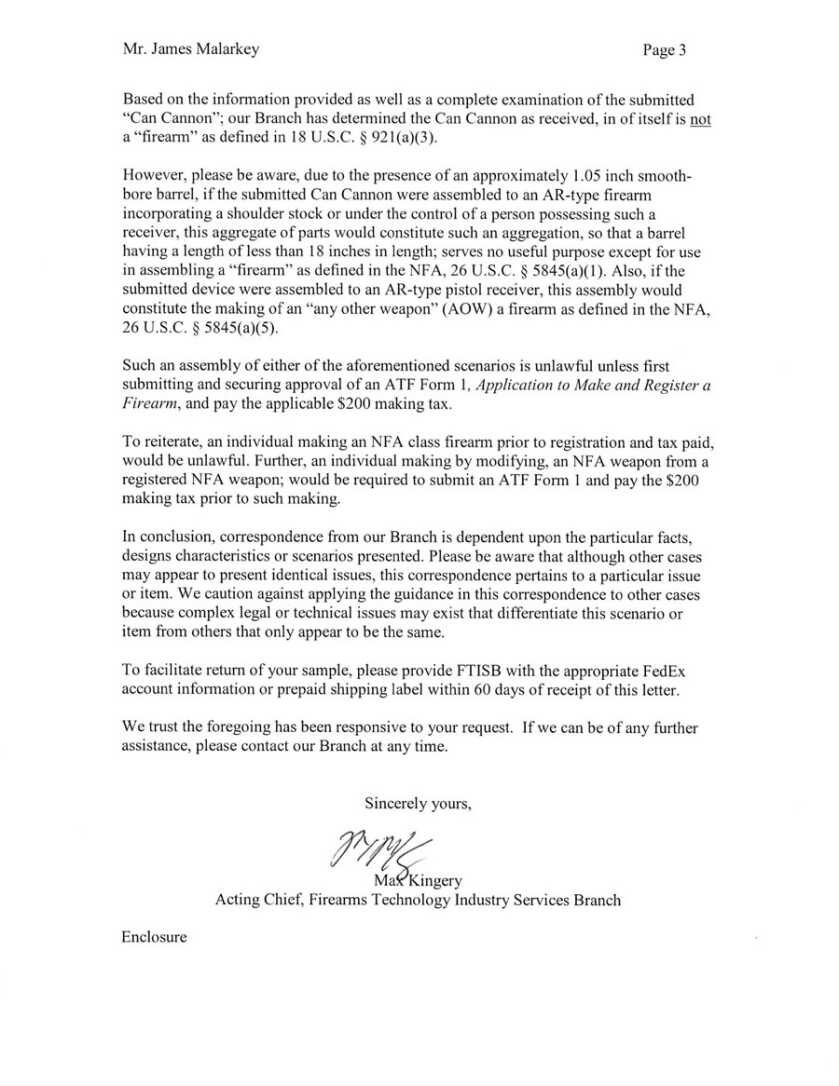 Exclusive Interview: ATF Bans Can Cannon can cannon ATF letter 1
