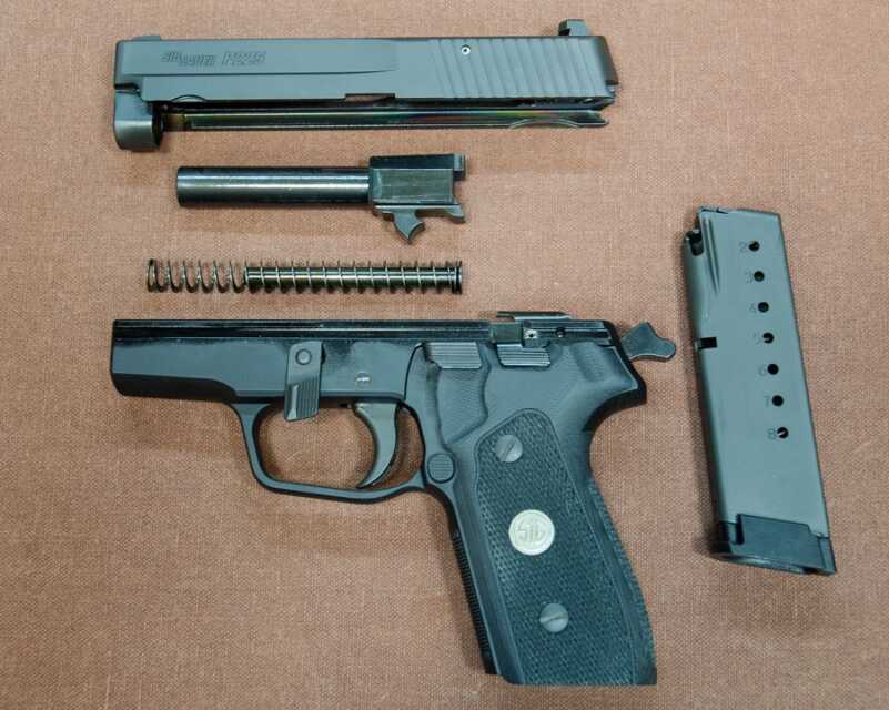 Field strip is simple and typical SIG Sauer. The only notable detail is the use of a flat wire recoil spring, instead of the traditional twisted-pair round wire type.