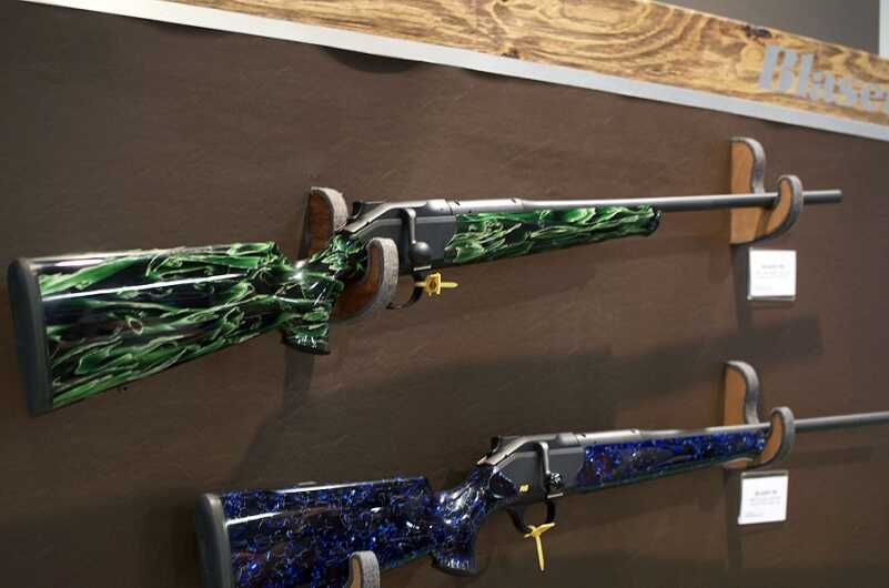 Incredible Colors for the Blaser R8 Rifles -- SHOT Show 2016 Two R8 rifles with acrylic stocks.