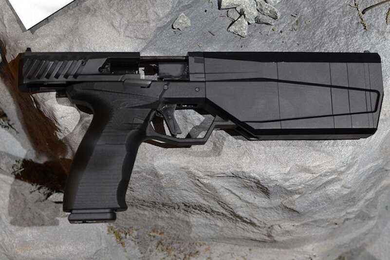 The futuristic design should be right at home in Hollywood, and hearing safe at the range.
