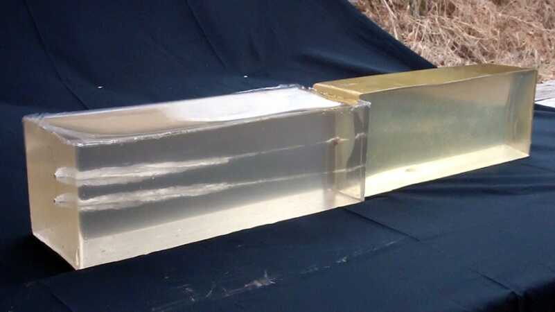 Sig .38 Super Ammunition Test Two blocks together show the .38 Super's penetration.