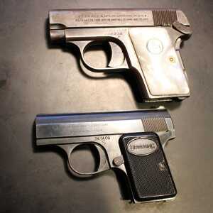 The Baby Browning--a Micro Classic Side by side with a Colt Vest Pocket. The differences are obvious.