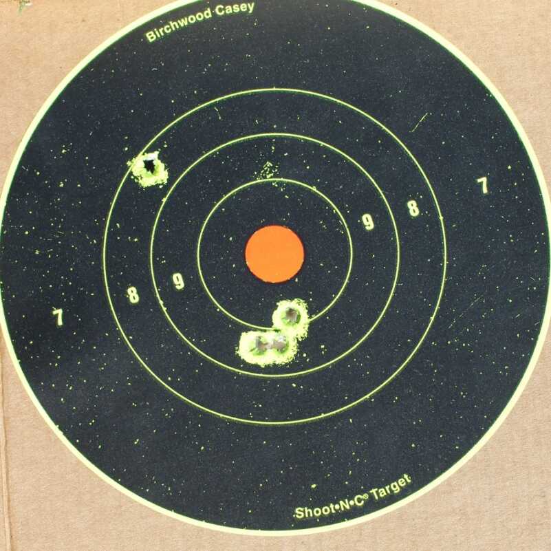 From 10 feet, pulling up from a draw in almost the same way you would raise a pistol. Note the over-spray on the target. 