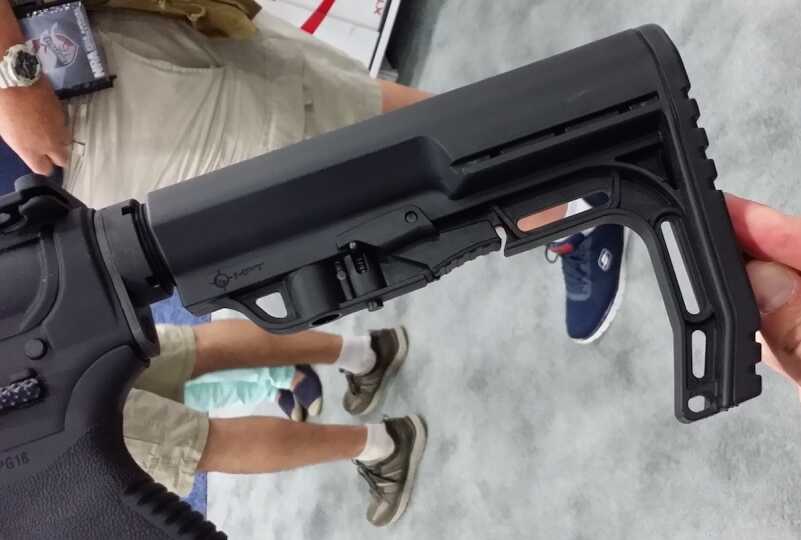 Freedoms Munitions Showcases New Seekins Precision GI Rifle — NRA 2016 The buffer tube/receiver extension is equipped with a Mission First Tactical minimalist collapsible buttstock.