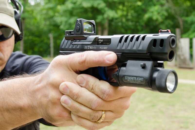 The new Q5 Match 9mm from Walther delivers a match-winning platform ready to accept the red dot optic of your choice—all right out of the box. Note the distinctive lightening cuts in the forward portion of the slide. 