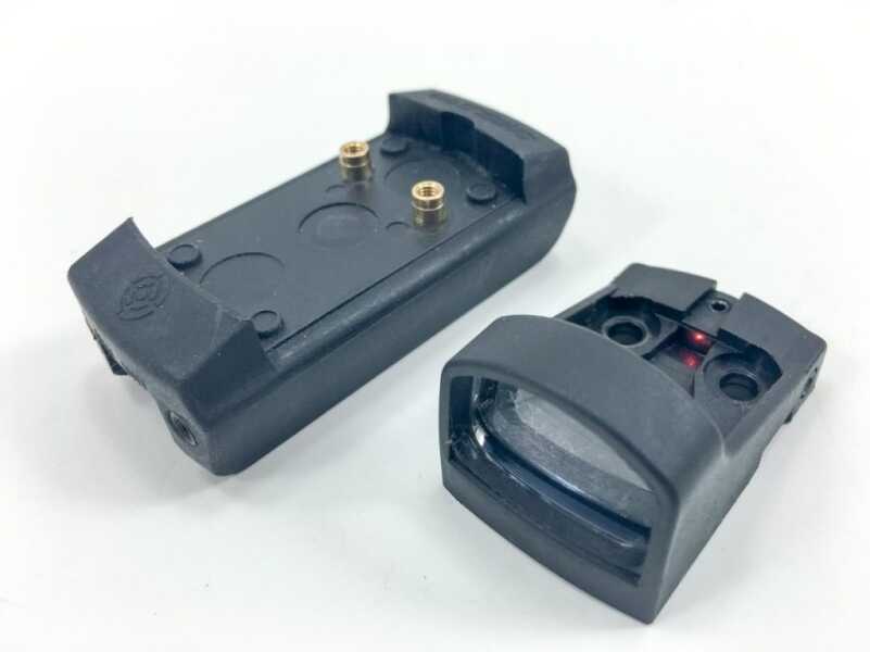 First Look: Shield Mini Sight Polymer Red Dot Optic The SMS shown next to the optional shotgun mount.