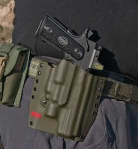 A 100-Yard 1911: Republic Forge Longslide 10mm—Full Test The author used an NSR Tactical Kydex holster made for the pistol with the Surefire X400 equipped.