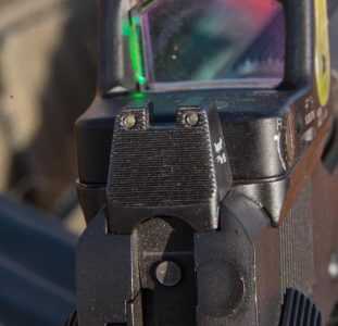 A 100-Yard 1911: Republic Forge Longslide 10mm—Full Test The rear sight is a tritium-equipped, suppressor-height unit.