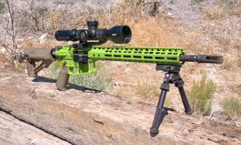 The lime green Cerakote finish on the Grunt rifle was a custom option for the writer's event.