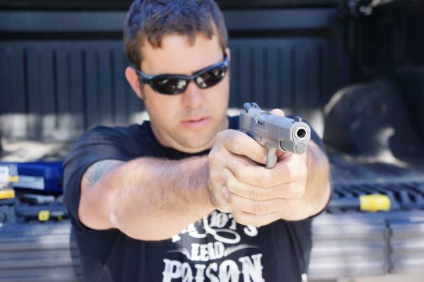 Colt Delta Elite 10mm firing during range testing and showing controllable recoil
